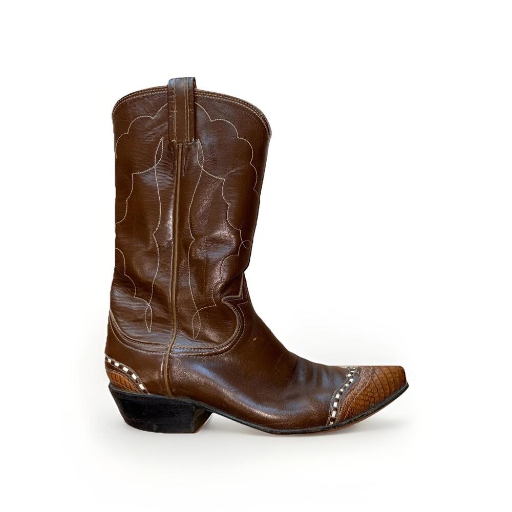 Tony Lama Women’s Size 7 Brown Western Boots Pointed Toe Exotic Overlay Leather